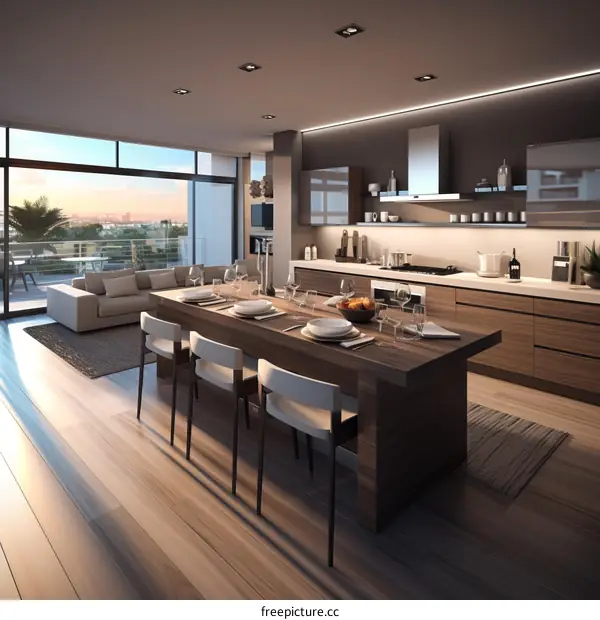 Modern kitchen and dining room with a view of the city