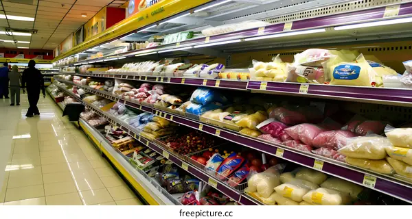 Grocery Store Aisle with Different Food Items and People