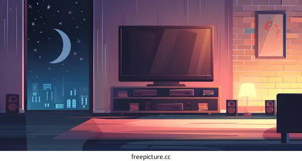 Nighttime View of City Through a Window in a Living Room