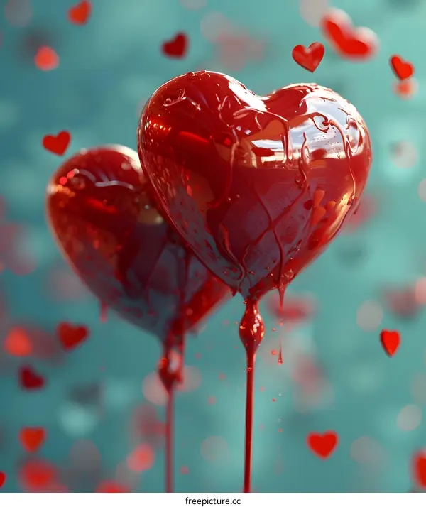 Two red heart-shaped lollipops with red liquid dripping down