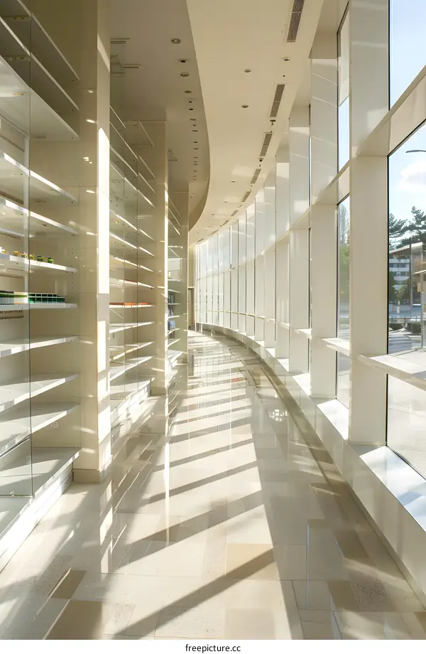 Empty Hallway with Glass Walls and Shelving