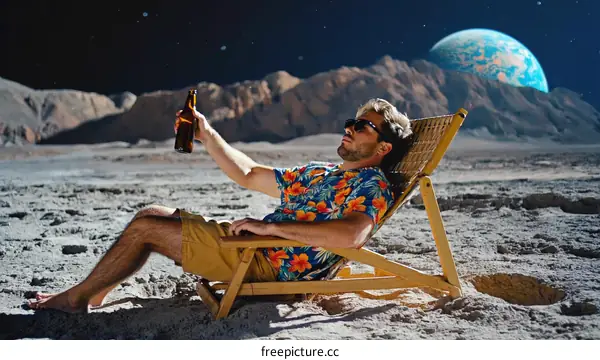 Man relaxing on the moon with beer