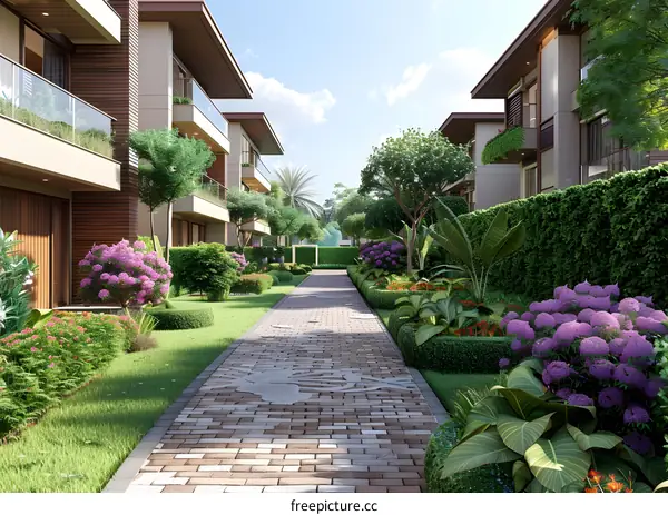 Modern Brick Pathway Between Lush Greenery and Contemporary Homes