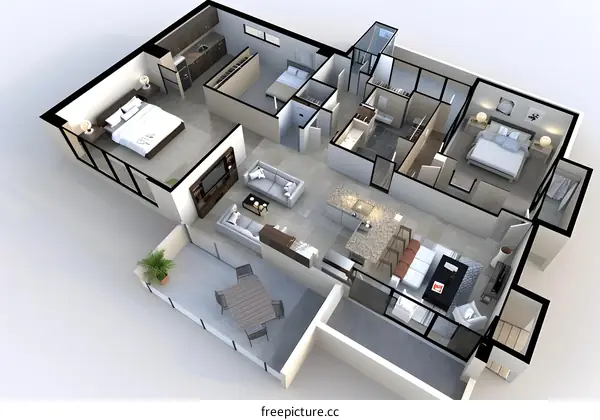 Modern 3D Floor Plan with Two Bedrooms and a Balcony