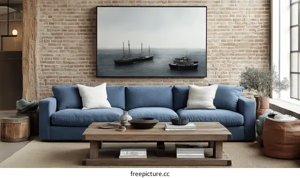 Modern Living Room with Blue Sofa and Brick Wall