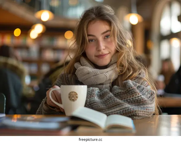Young woman with curly hair holding a coffee cup and a book