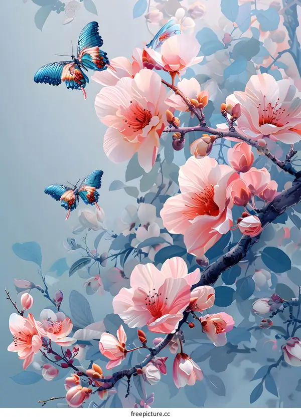 Two butterflies are flying on a blossoming cherry tree