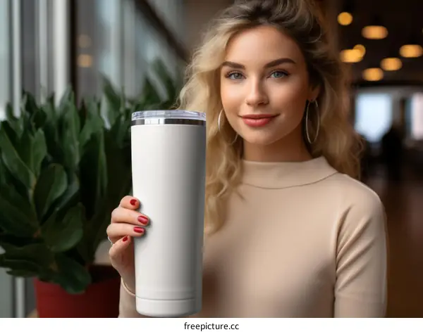 An attractive young woman with blonde hair and blue eyes smiles at the camera while holding a white coffee mug