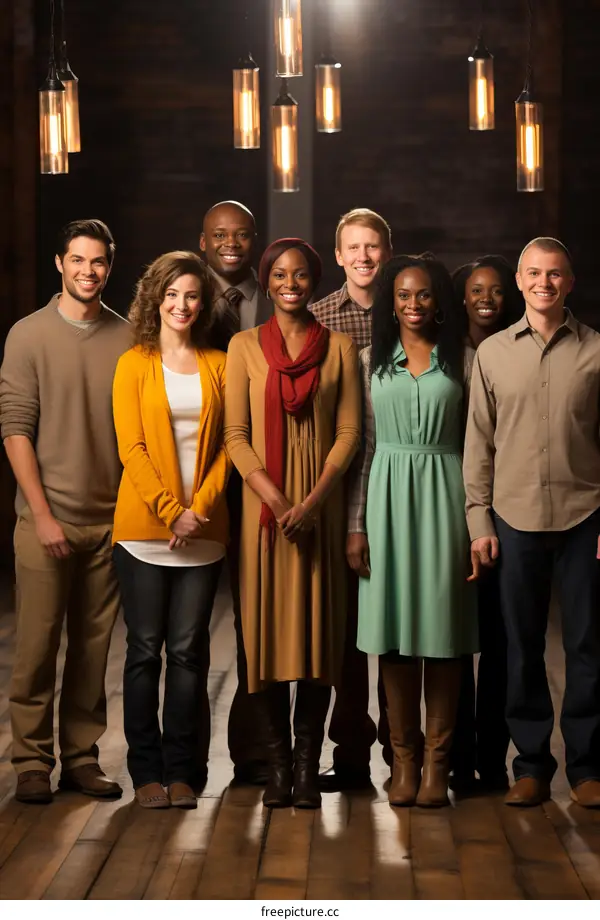 A group of people of different ethnicities are standing together and smiling.