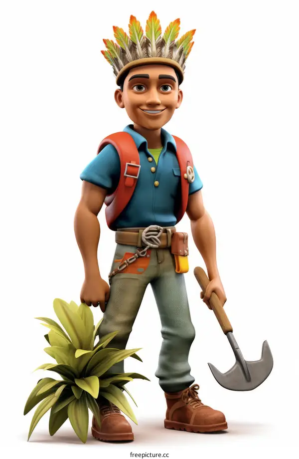 A male archaeologist is holding a plant and a shovel