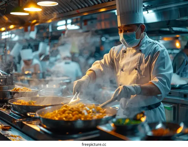 Stir-frying in a busy restaurant kitchen