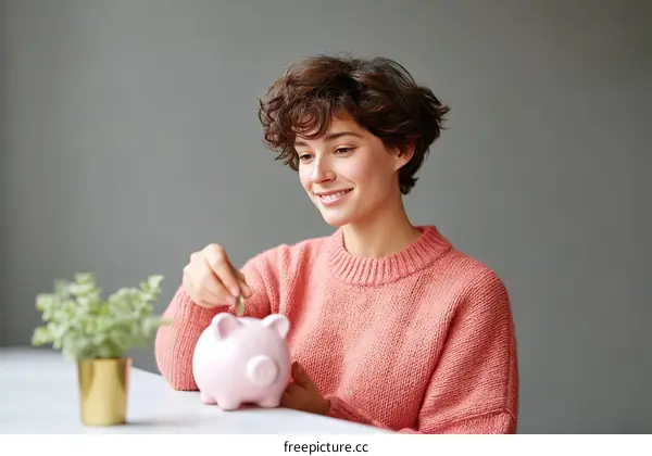 Woman Saving Money in Piggy Bank