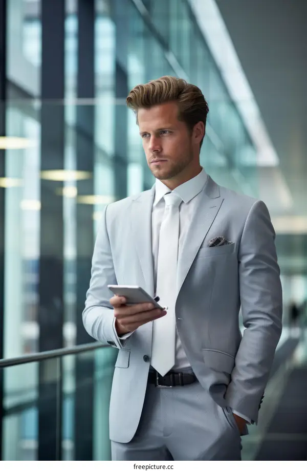 Businessman in a suit looking at his phone