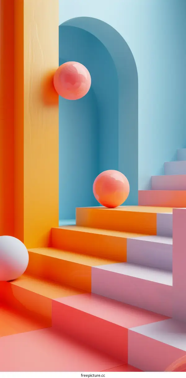 Surreal Staircase with Floating Spheres in Pastel Colors