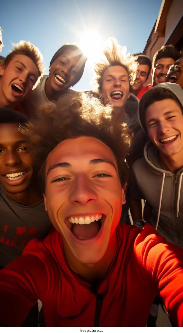 A group of diverse teenage boys smile and laugh together while taking a selfie