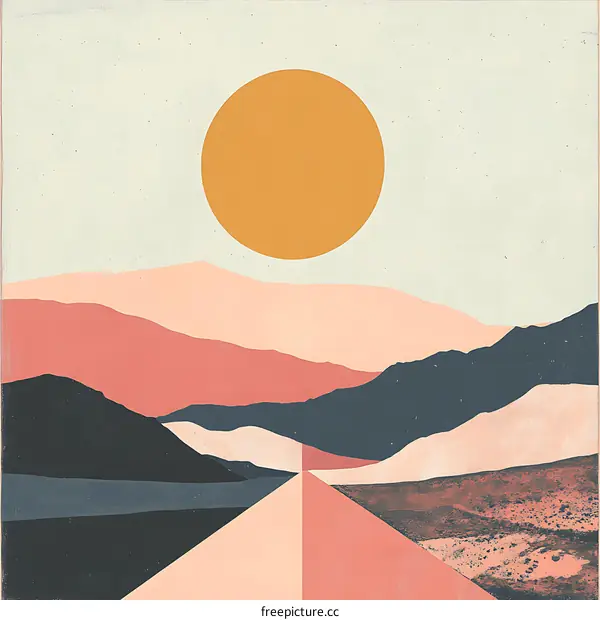 Minimalist Abstract Mountain Landscape with a Large Yellow Sun
