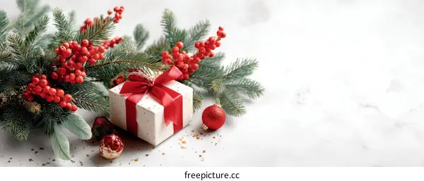 Christmas Gift Decoration on White Marble Background