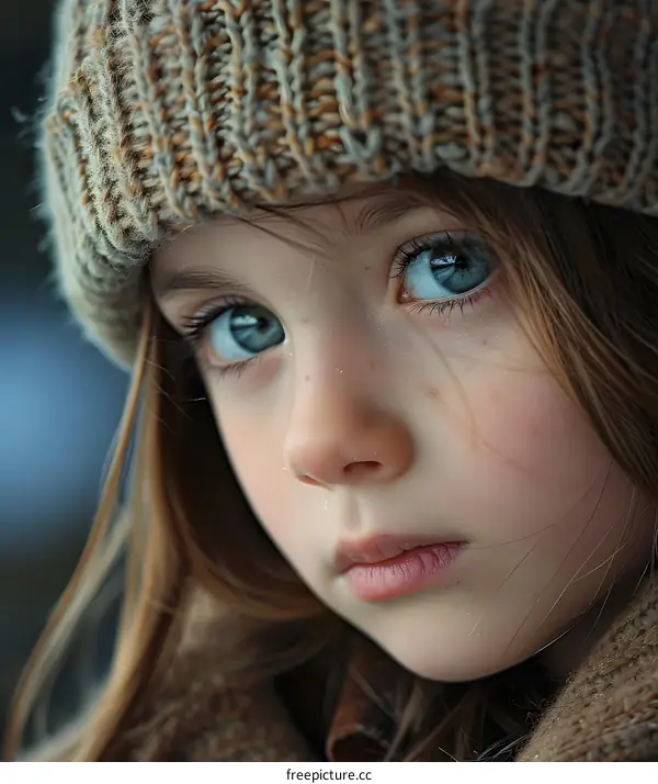 Little girl with blue eyes wearing a brown knitted hat