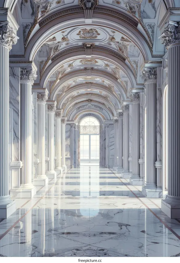 Ornate Hallway with Marble Columns and Arched Ceiling