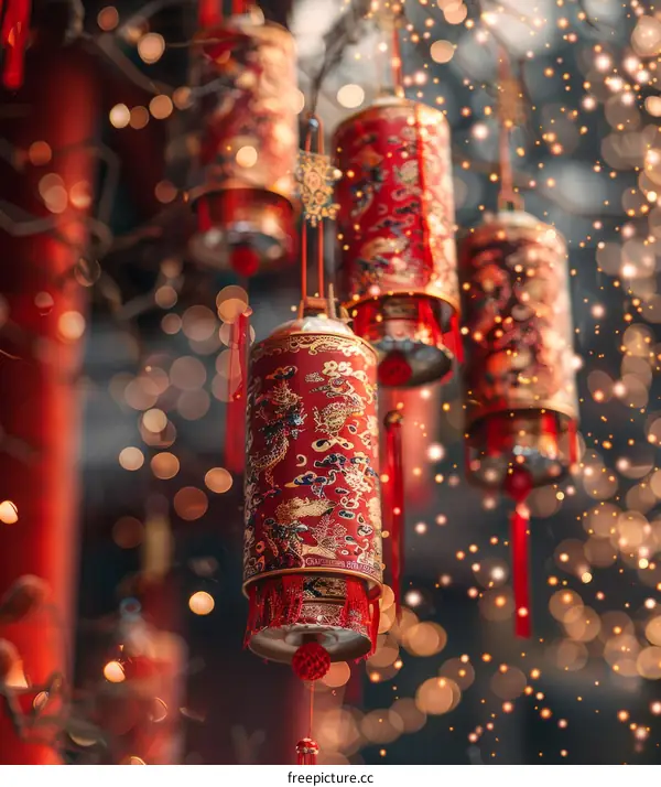 Red Chinese Lanterns with Golden Patterns for Chinese New Year
