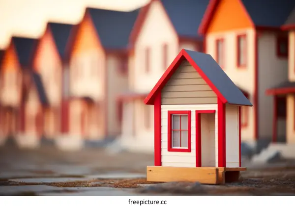 Small model house in focus with blurred larger model houses in the background