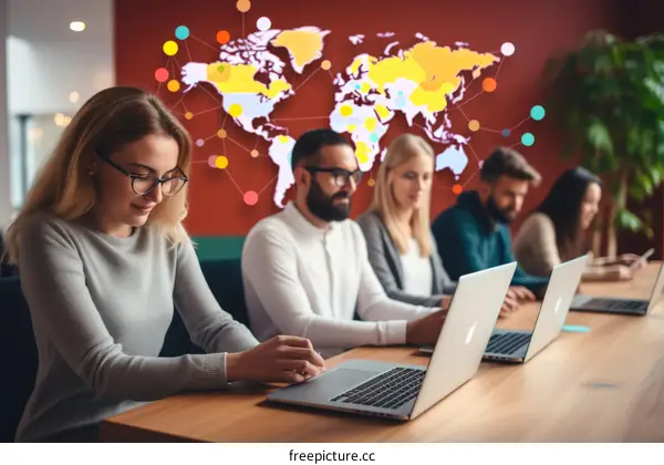 A group of young professionals working on a project together in an office.