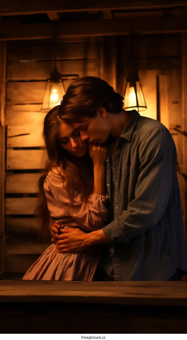 Young couple hugging in a rustic wooden room