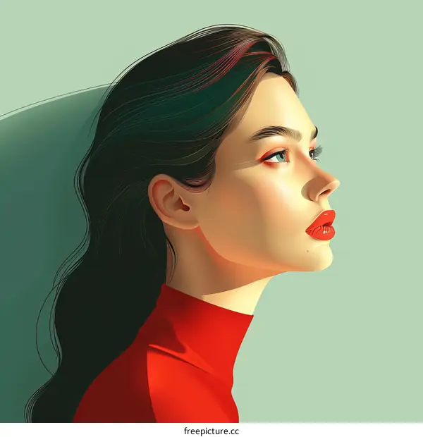 portrait of a beautiful woman with long dark hair wearing a red turtleneck sweater