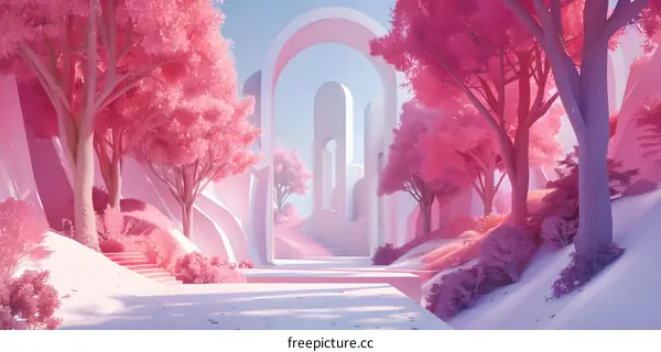 Pink Fantasy Landscape with Arches and Trees