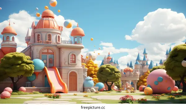 A fantasy world with a castle, trees, and colorful balloons
