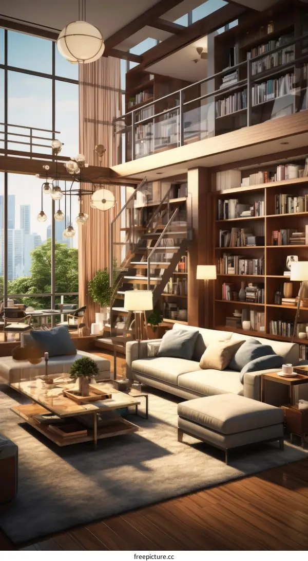 Modern luxury living room interior design with large windows and a library