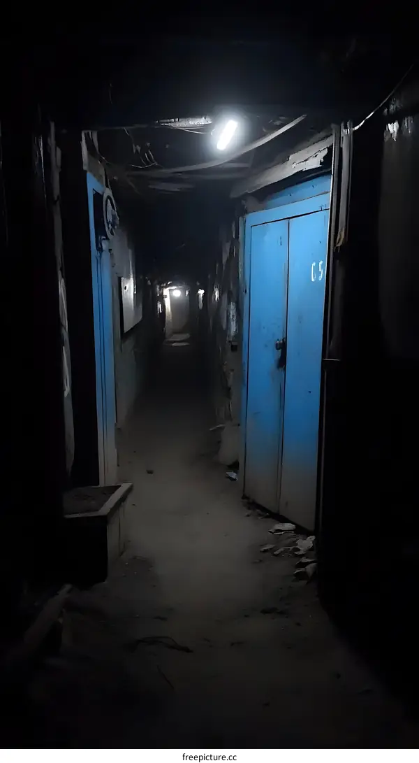 Dark and Narrow Corridor with Blue Door in Old Building