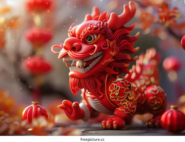 A Red Dragon Figurine with a Golden Bell