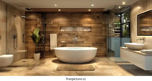 Modern Bathroom with Wood Paneling and Freestanding White Tub