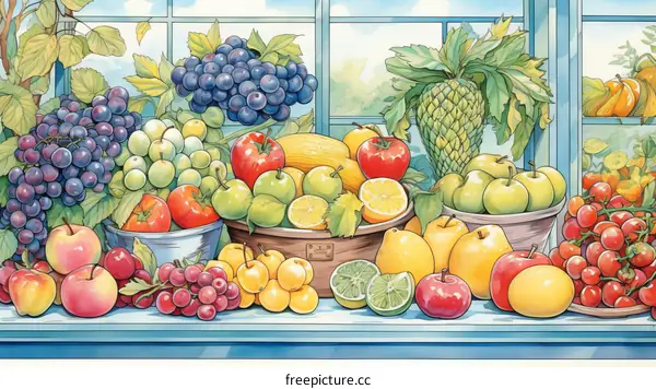 A colorful still life painting of fruits and vegetables
