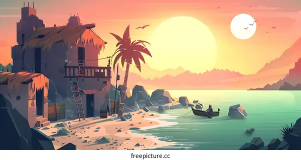 Sunset over the Beach with a Small House and Palm Tree