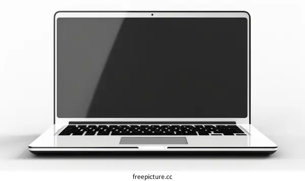 A sleek white laptop sits on a white surface against a white background