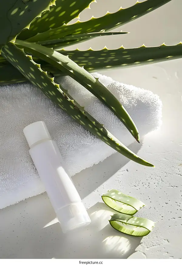 Aloe Vera Plant With White Cream Tube On A White Towel