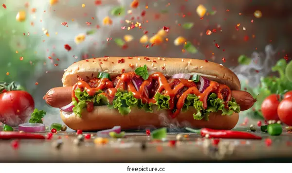 Hotdog with lettuce, tomato, onion and spices