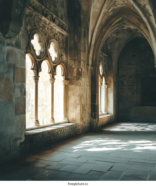 Stone Arches and Sunlight in a Medieval Cloister