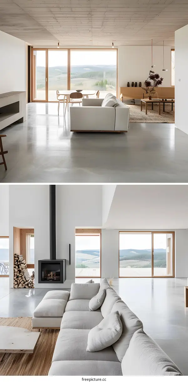 Modern Minimalist House Interior Design With Large Windows and Concrete Floor