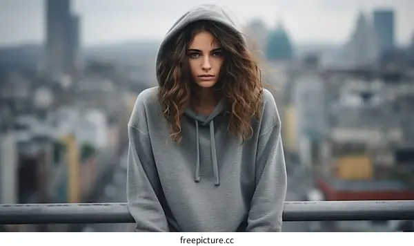 Portrait of a young woman in a gray hoodie looking at the camera with a serious expression on her face