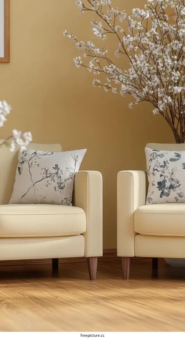 Beige Living Room with Cherry Blossom Decor