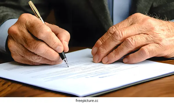 Close up of Old Man Hands Signing a Document with a Pen
