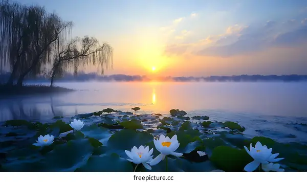 Sunrise Over Misty Lake with Lotus Flowers
