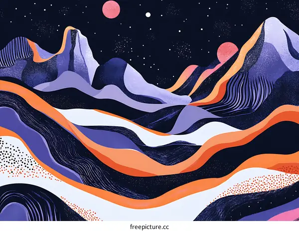 Abstract Mountain Landscape with Stars and Moons