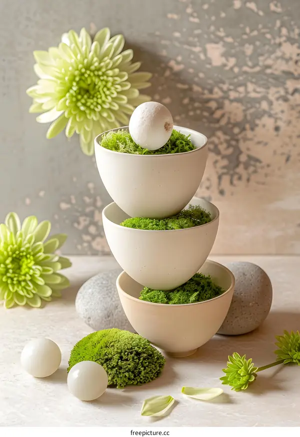 Green Moss and White Balls in Ceramic Bowls on a White Table