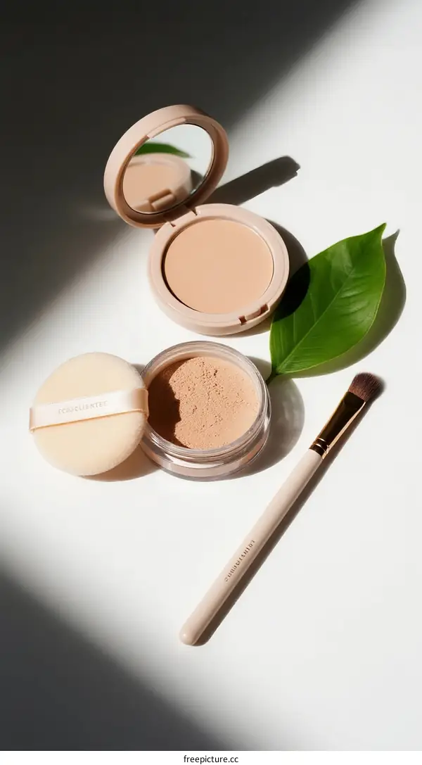 Loose and pressed face powder with leaf and brush