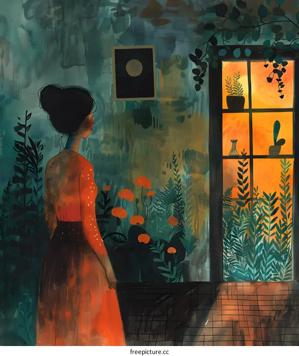 A woman standing in a room with plants and looking out the window