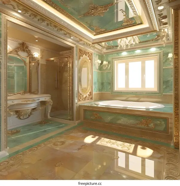 Luxury Bathroom Interior Design with Green Marble and Gold Accents